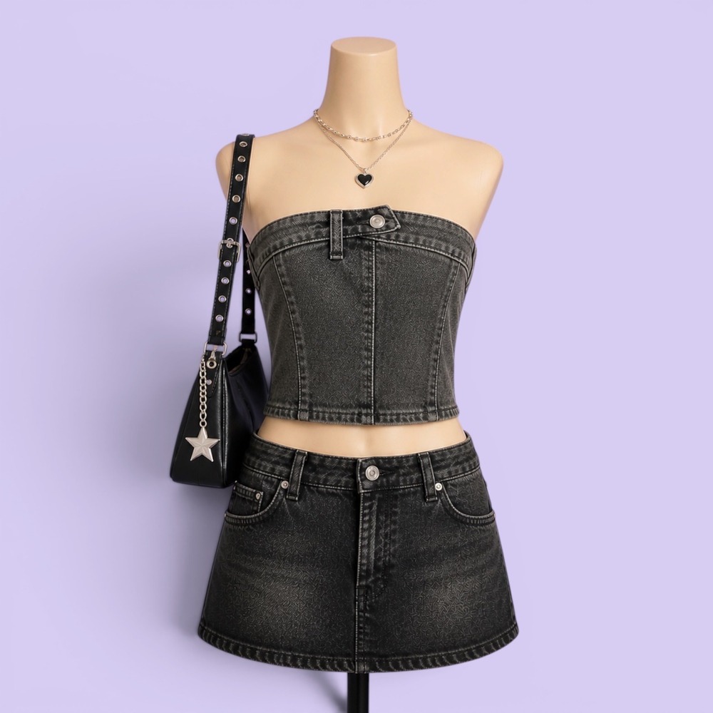 PrettyLittleThing Petite Grey Denim Button Detail Corset Top Bandeau Size US 8